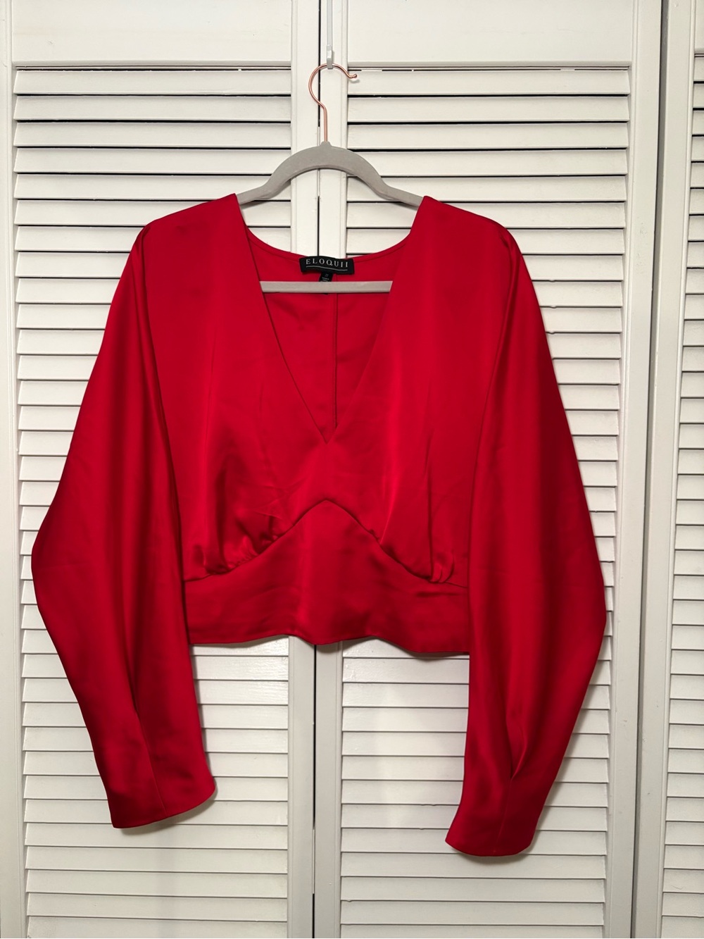 Eloquii Ruby Red Satin V-Neck Crop Blouse